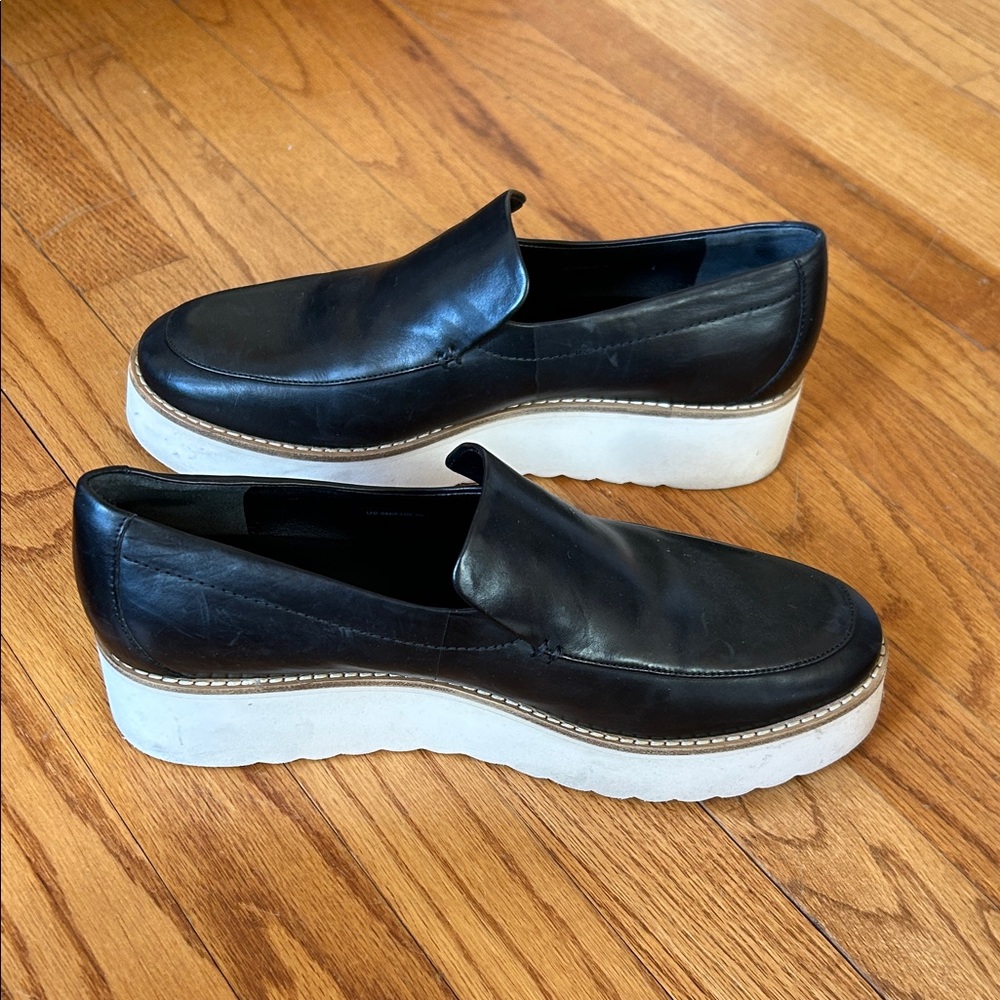 Vince. black leather platform loafer